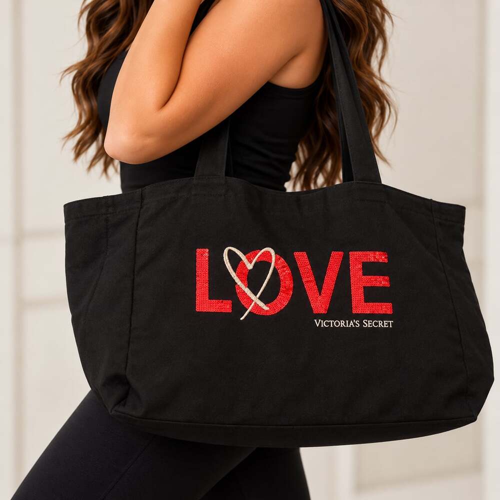 Victoria's Secret Love Tote Bag Black Sequin